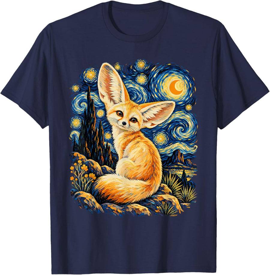 Fennec Fox Van Gogh Starry Night Lover Wildlife Animal T-Shirt - Navy Blue