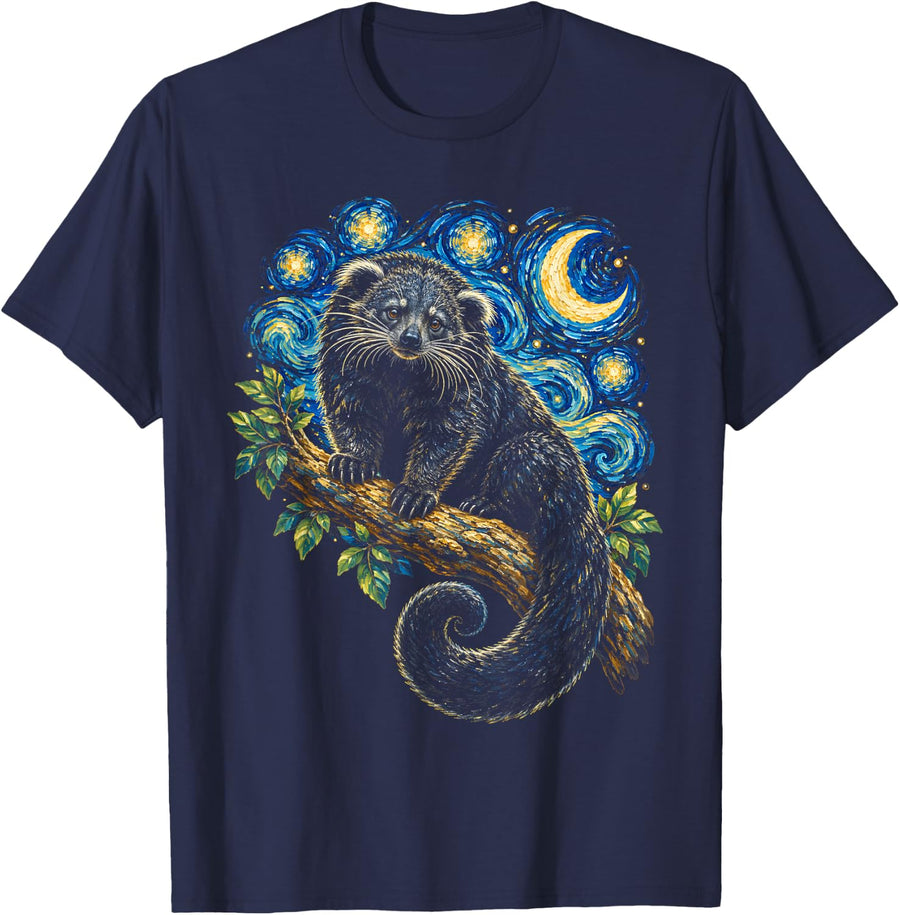 Binturong Van Gogh Starry Night Lover Wildlife Animal T-Shirt - Navy Blue