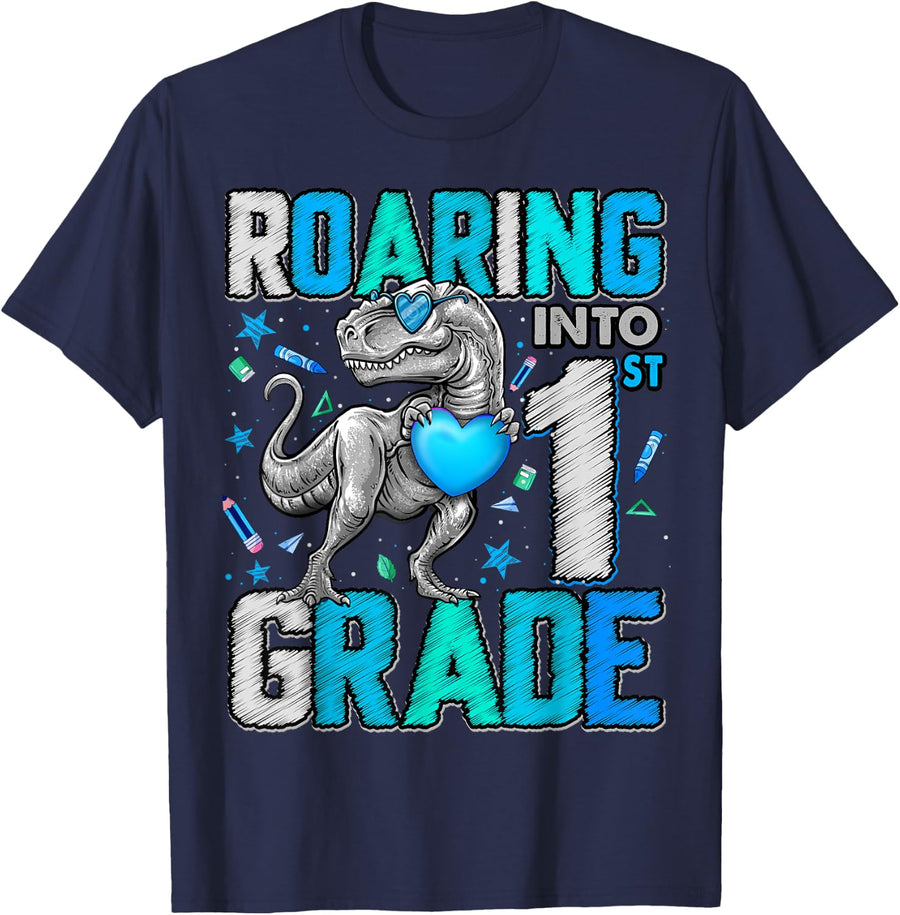 Roaring Into 1st Grade Dinosaur T Rex Back to School Boys T-Shirt - Navy Blue