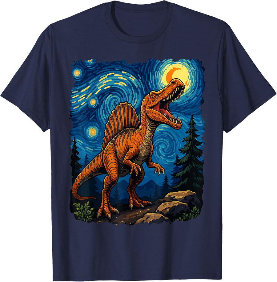 Spinosaurus Dinosaur Prehistoric Starry Night Van Gogh Dino T-Shirt - Navy Blue
