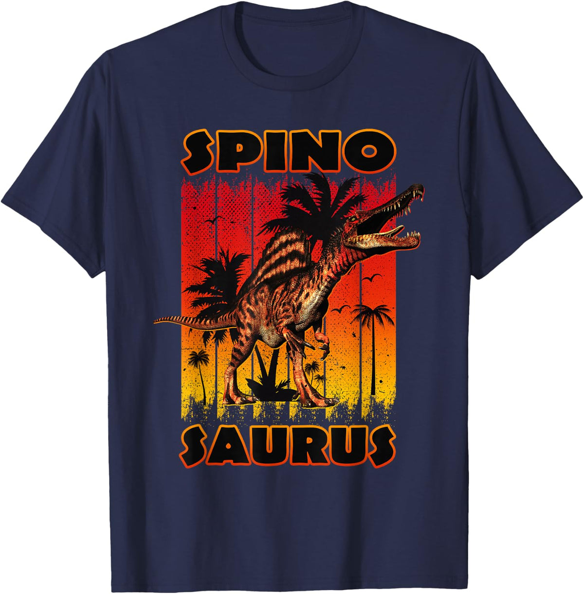 Spinosaurus T-shirt for Kids and Adults, Sunset Dinosaur T-Shirt - Navy Blue