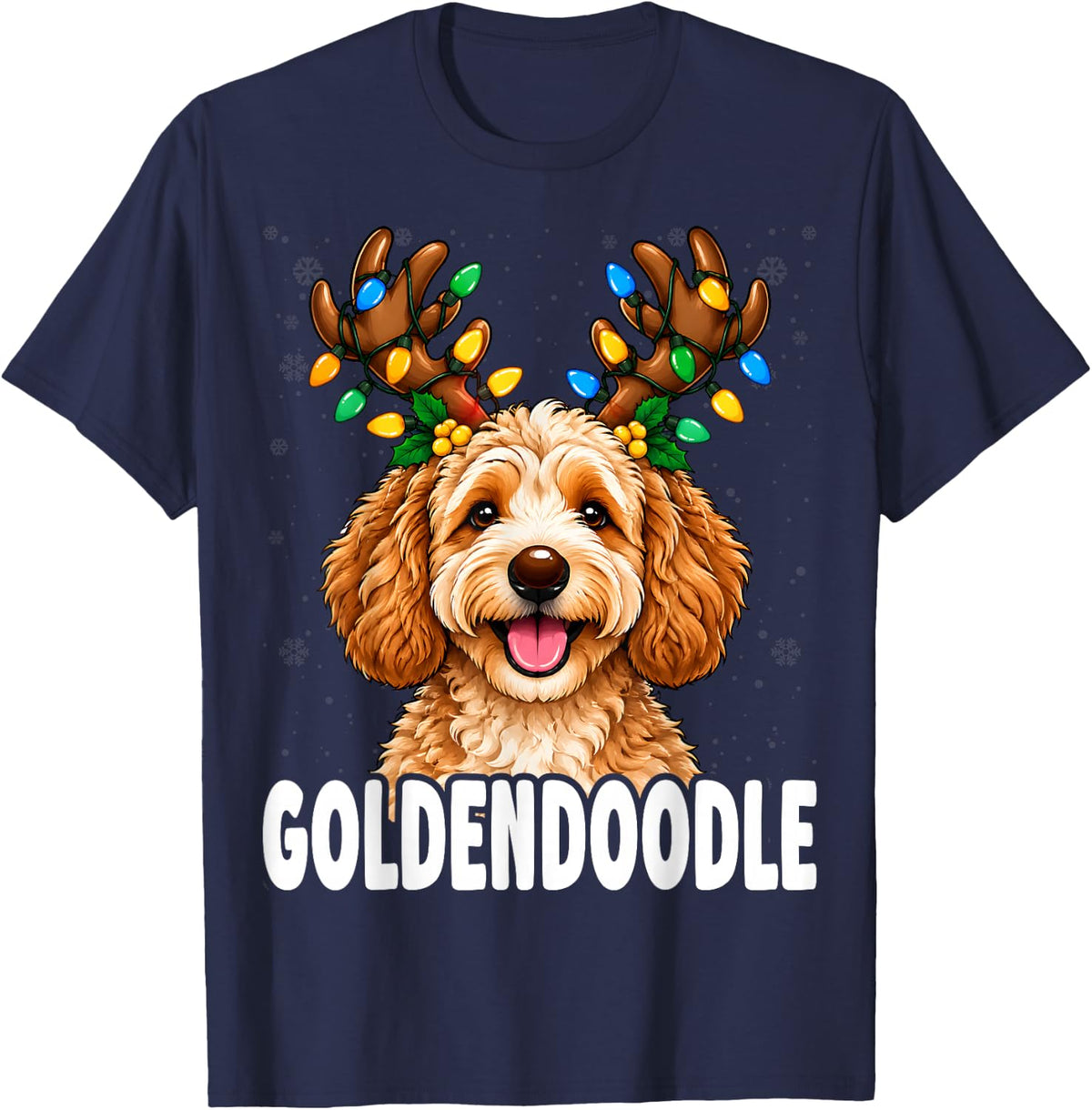 Goldendoodle Christmas Antlers Dog Xmas Lights Holly T-Shirt - Navy Blue