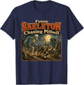 Funny Skeleton Chasing Pitbull Halloween Skeleton Humor T-Shirt - Navy Blue