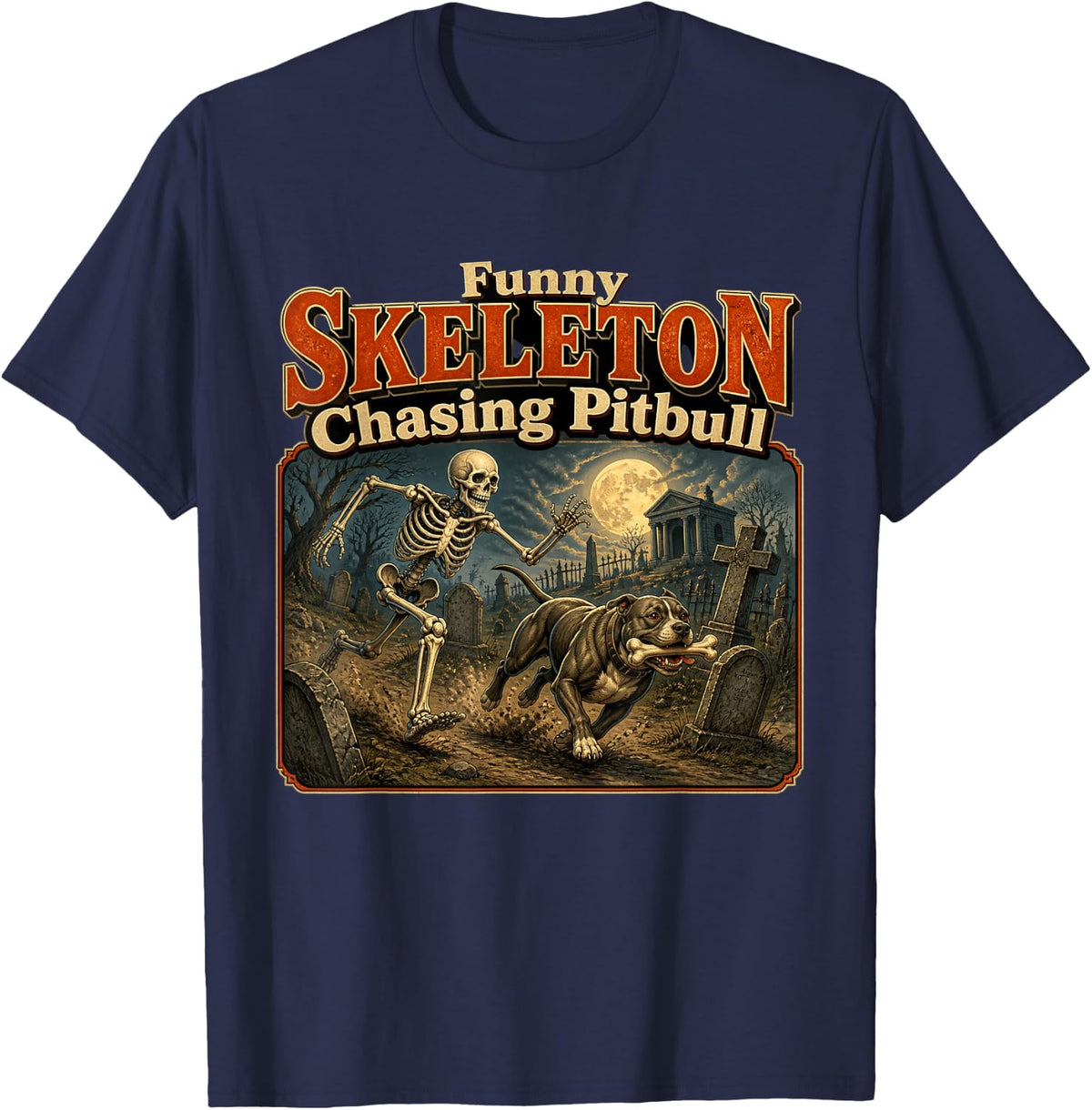 Funny Skeleton Chasing Pitbull Halloween Skeleton Humor T-Shirt - Navy Blue