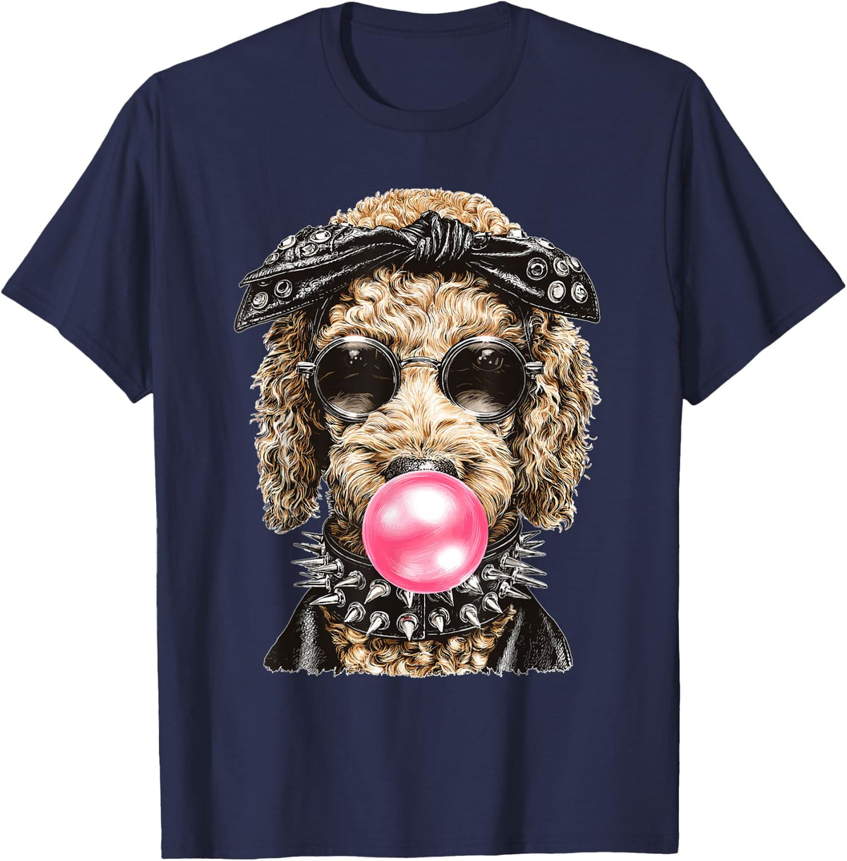 Goldendoodle with Sunglasses Punk Animal Bubblegum Gothic T-Shirt - Navy Blue