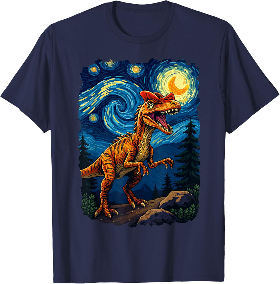 Dilophosaurus Dinosaur Prehistoric Starry Night Van Gogh Art T-Shirt - Navy Blue