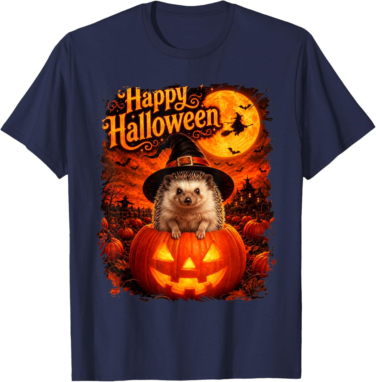 Cute Hedgehog Happy Halloween Night T-Shirt - Navy Blue