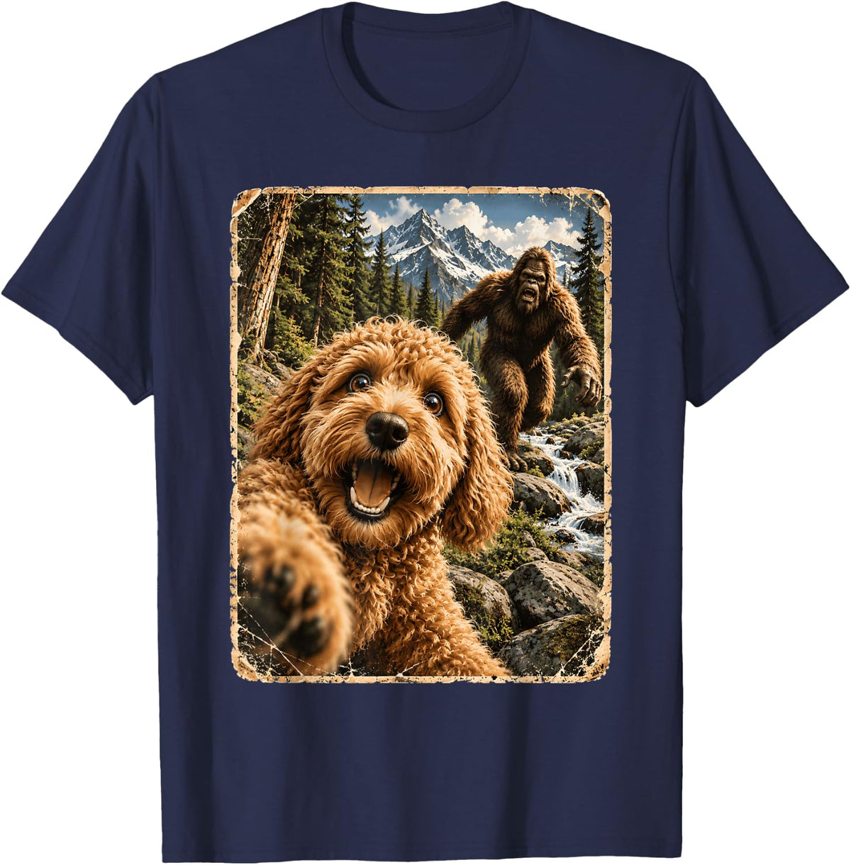 Goldendoodle Bigfoot Selfie T-Shirt - Navy Blue