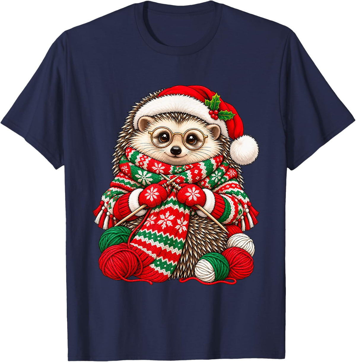 Christmas Knitting Hedgehog Cute Animal Holiday Knitter Xmas T-Shirt - Navy Blue