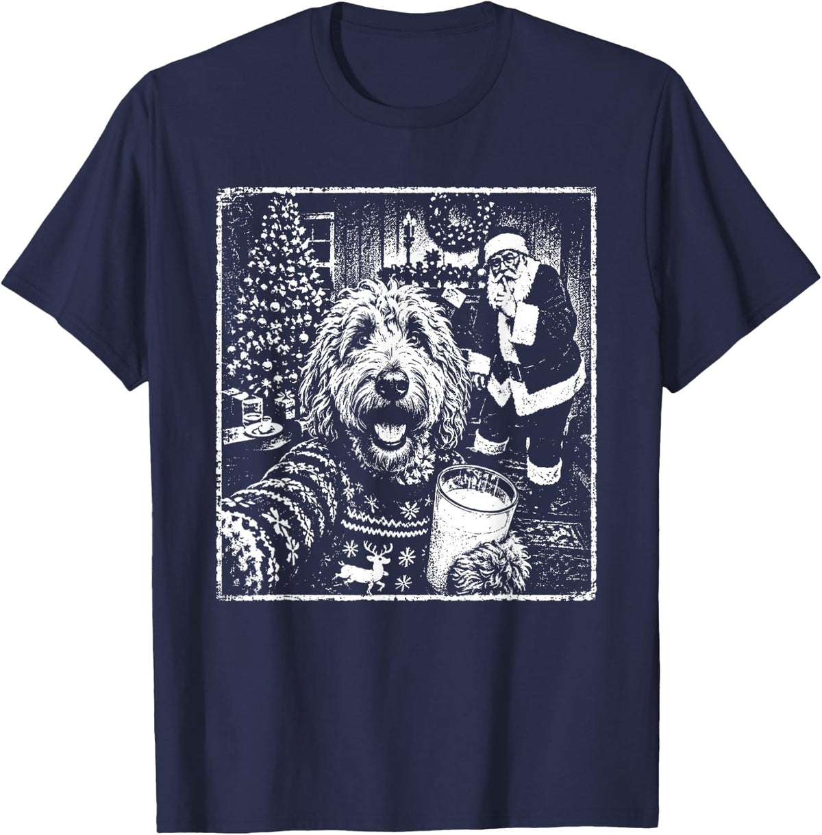Christmas Goldendoodle Santa Funny Dog Selfie with Santa T-Shirt - Navy Blue
