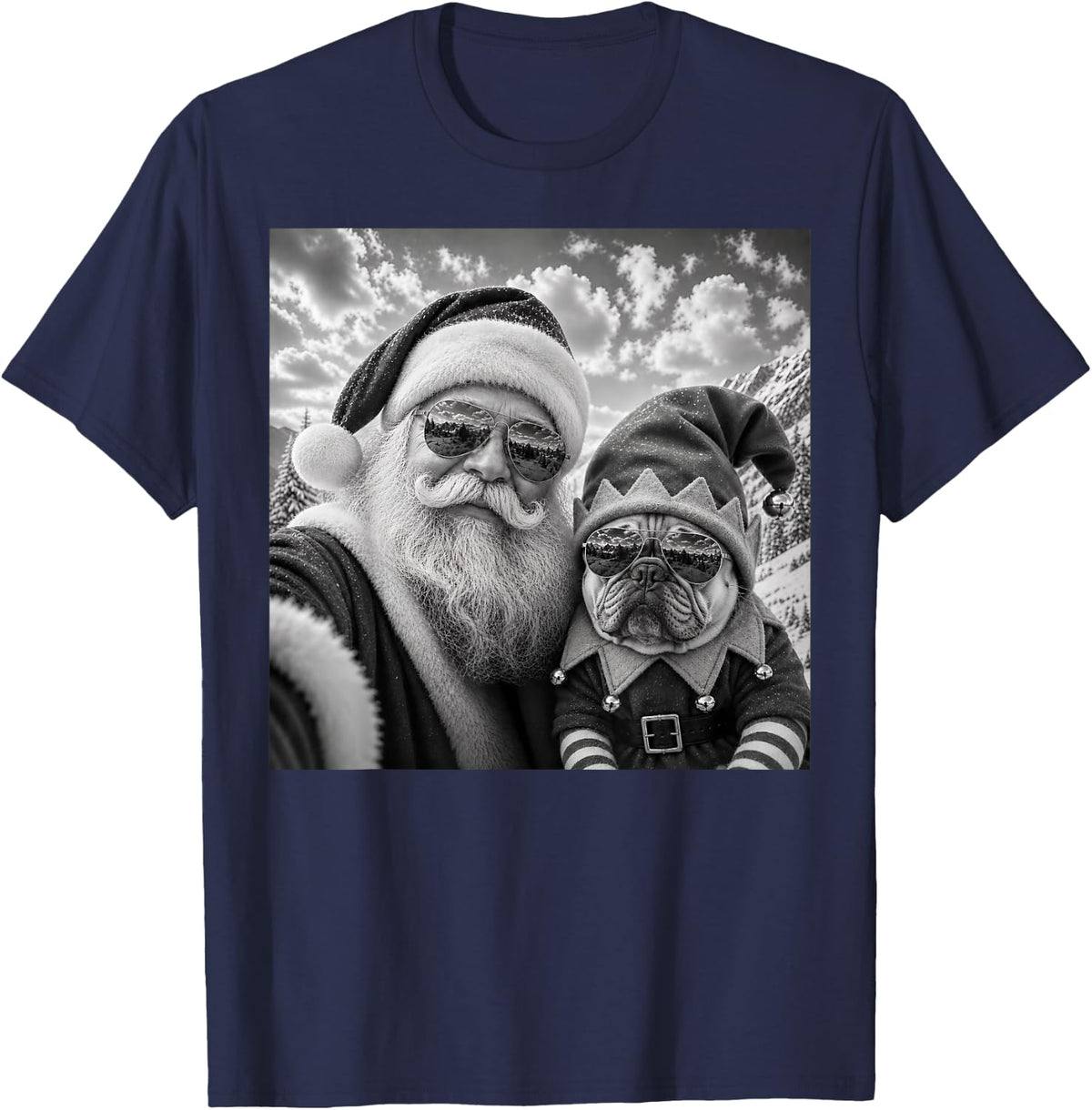 Funny Santa Selfie with French Bulldog Christmas T-Shirt - Navy Blue