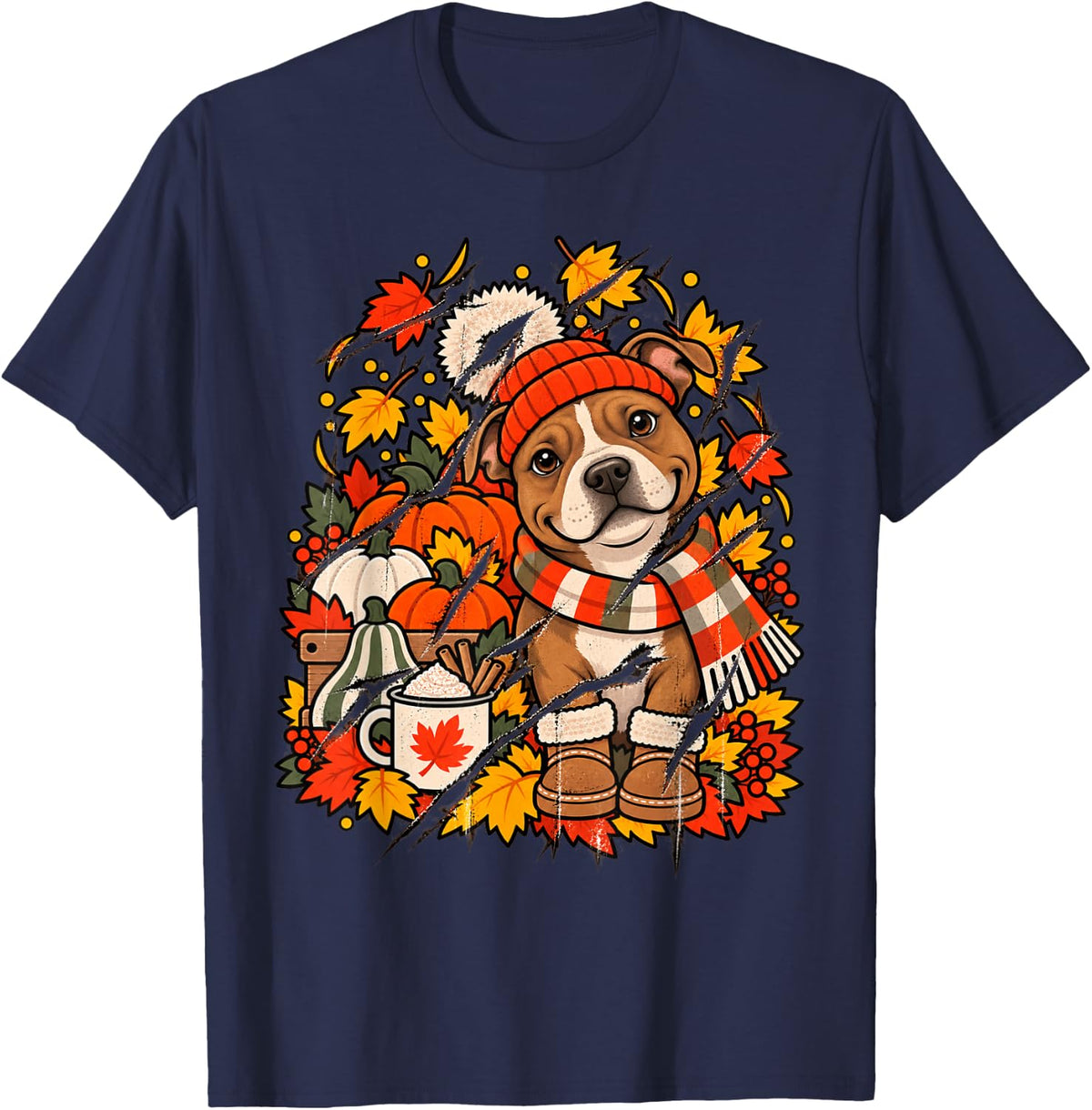 Cute Autumn Pitbull Dog Fall Thanksgiving for Women Men T-Shirt - Navy Blue