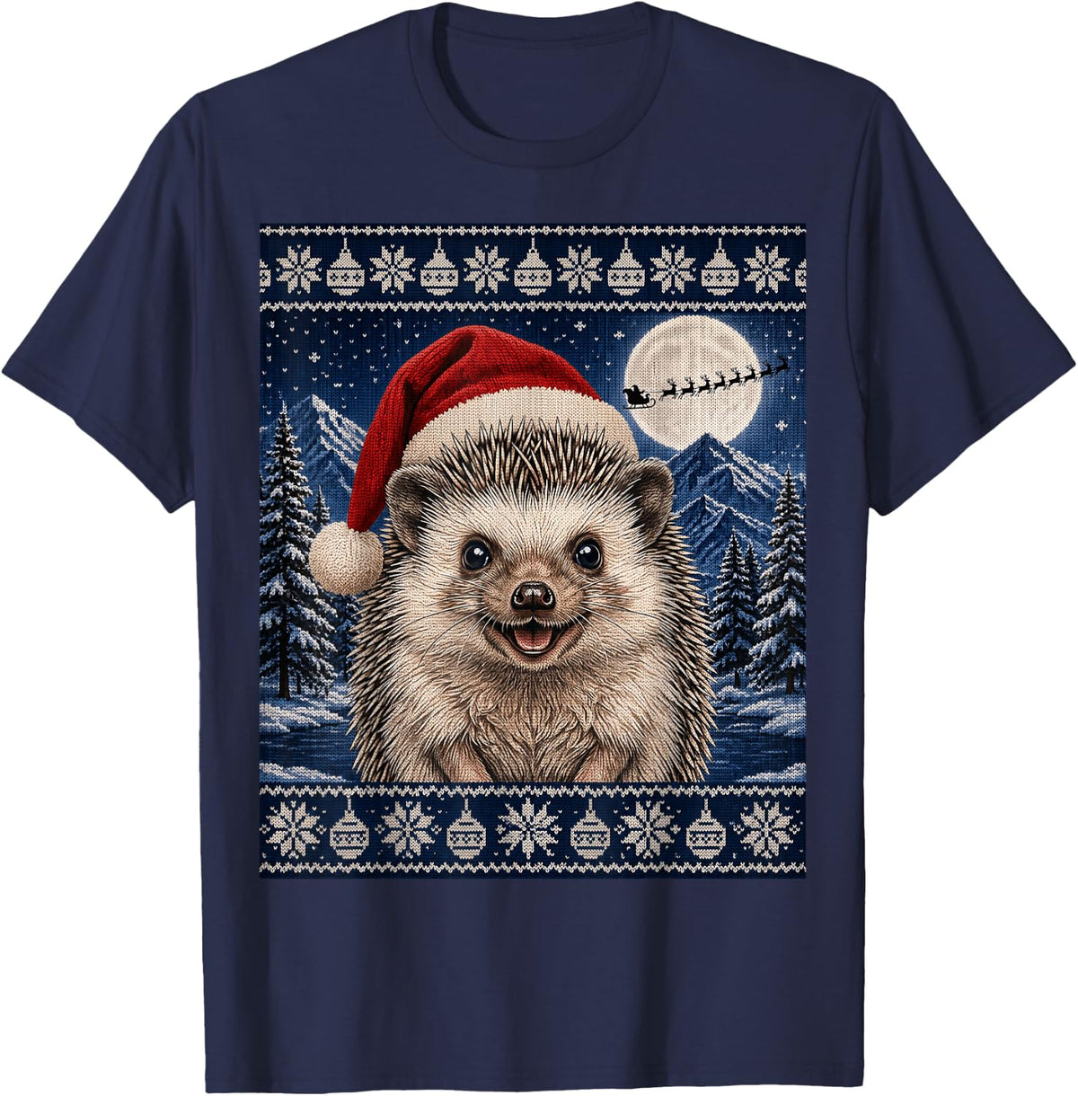 Cute African Pygmy Hedgehog Santa Ugly Christmas T-Shirt - Navy Blue