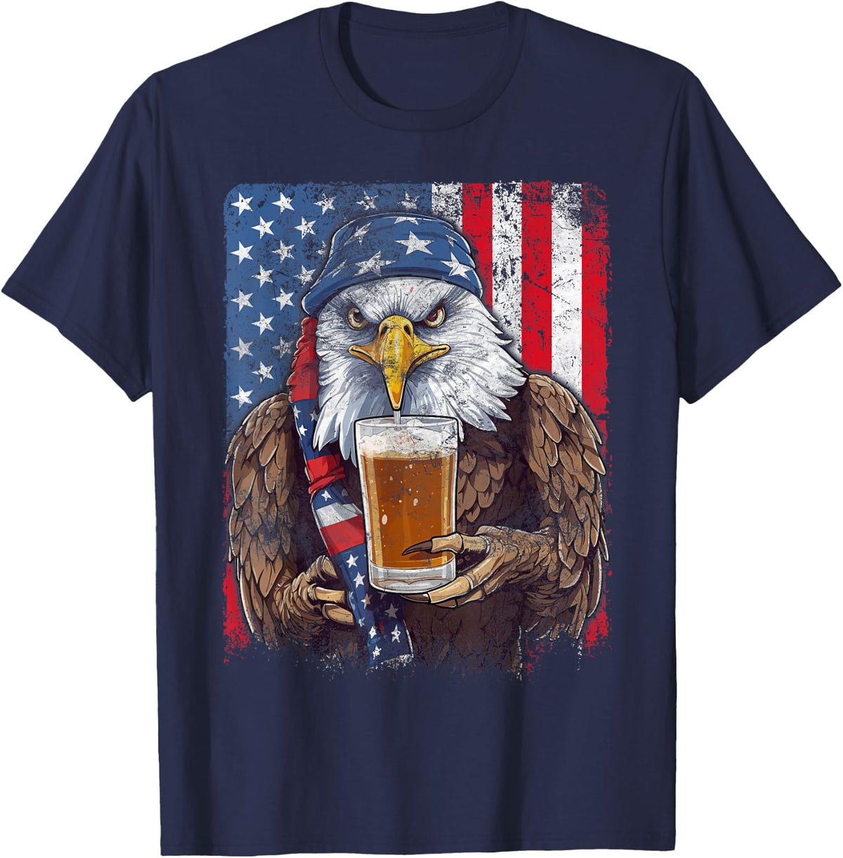 Eagle Beer Drinking USA Flag Patriotic Eagle 4th Of July T-Shirt - Navy Blue