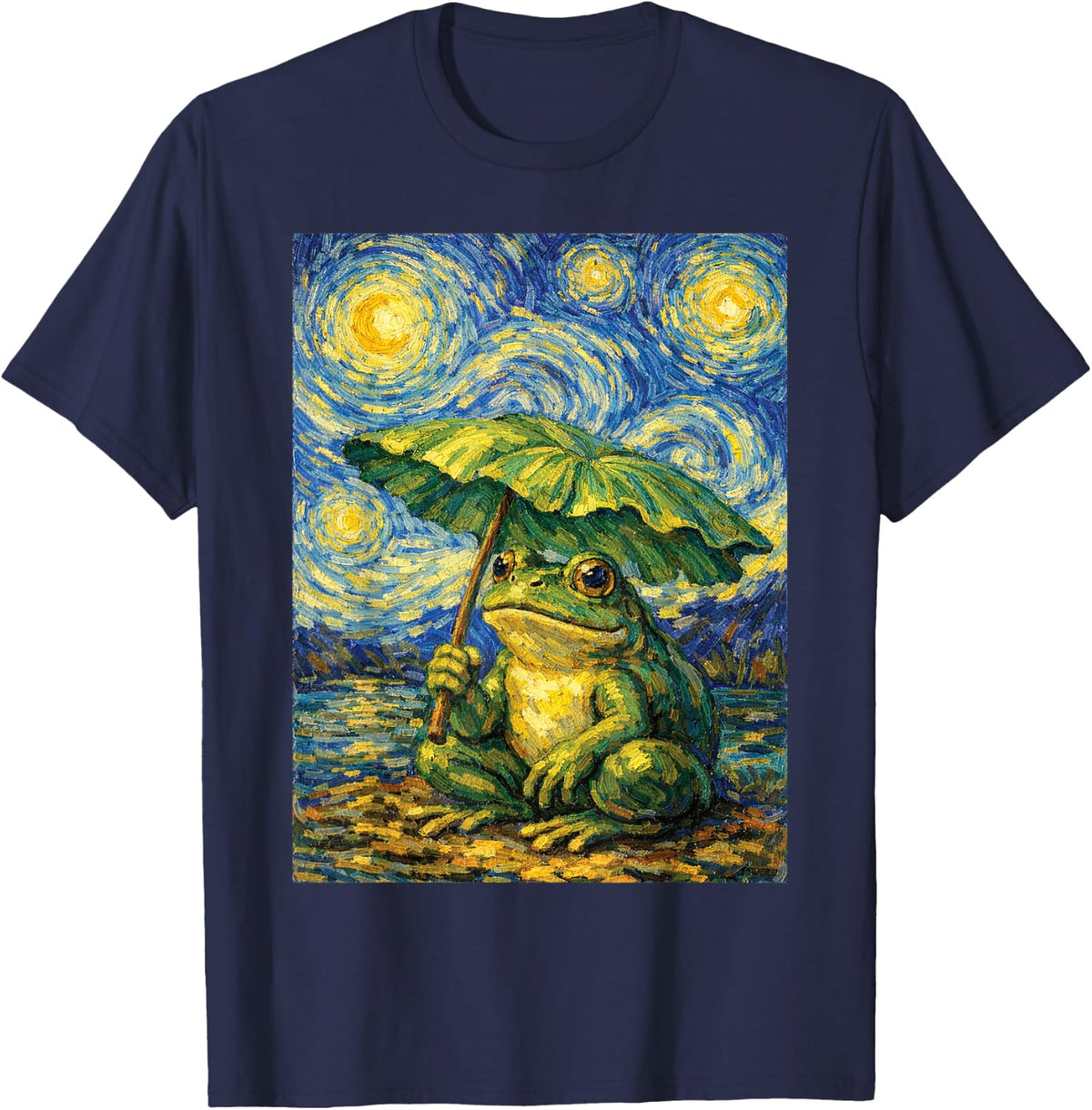 Starry Night Frog Umbrella Van Gogh Style Funny Art Tee T-Shirt Gift - Navy Blue