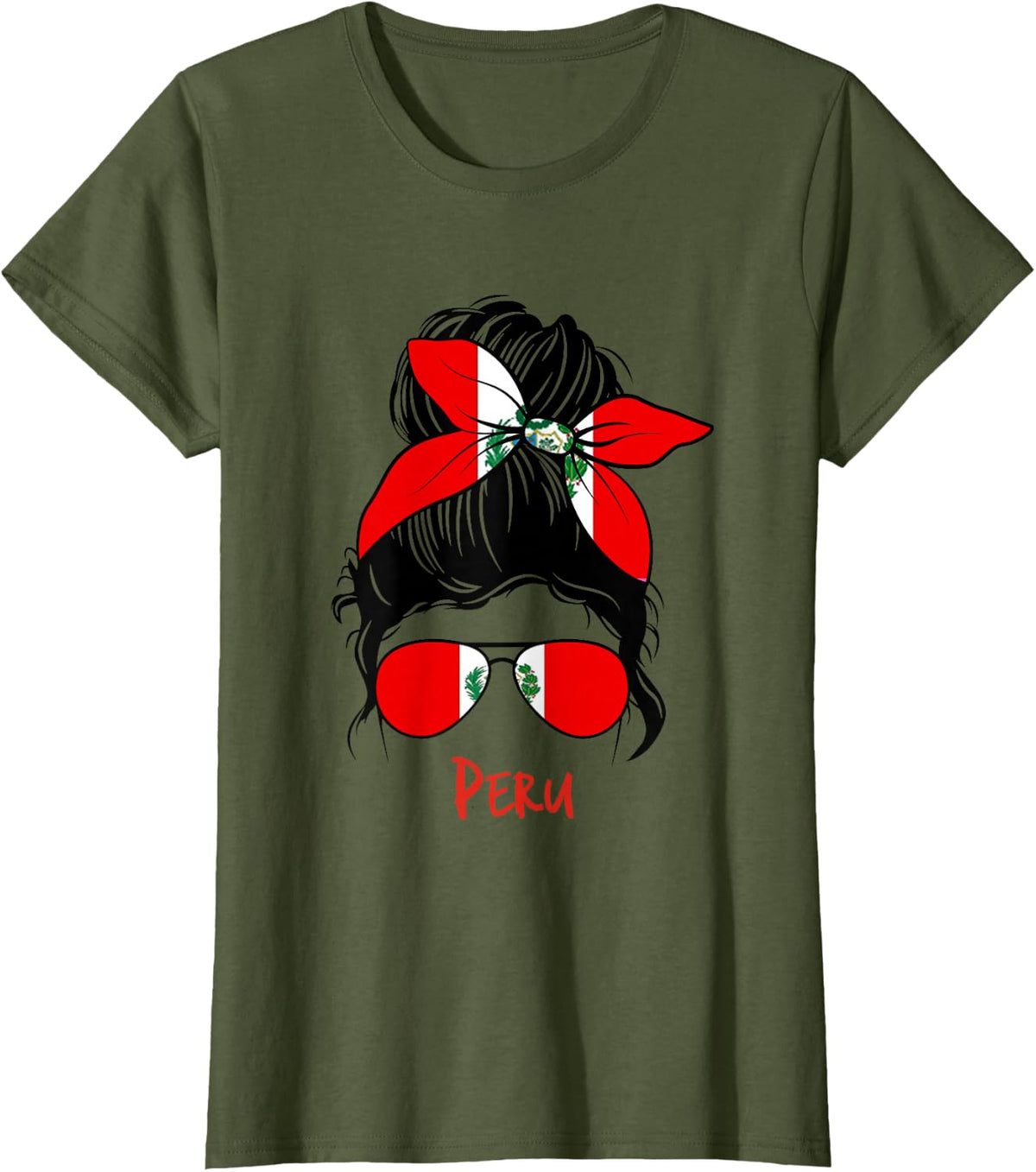 Peru Messy bun with Flag Bow Sunglasses and Latina Pride T-Shirt - Olive Green