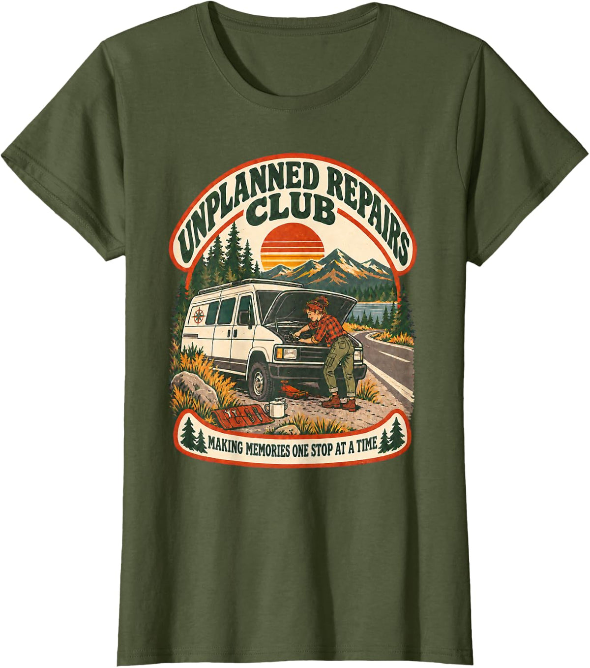Unplanned Repairs Club Vanlife Road Trip T-Shirt - Olive Green