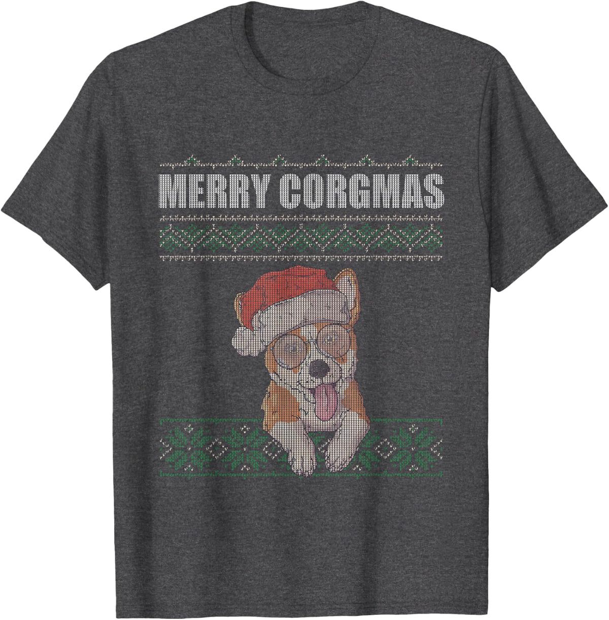 Merry Corgmas Corgi Santa Hat Ugly Christmas Sweater Style T-Shirt - Dark Heather Grey