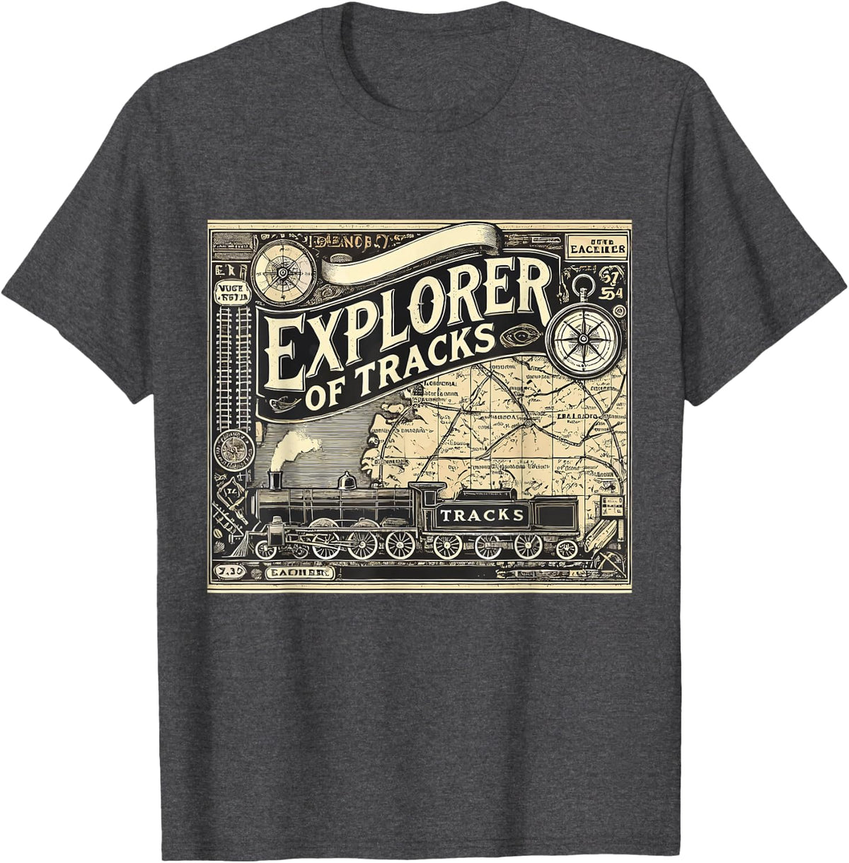 Explorer of Tracks Old Map Steam Train Railroad Art T-Shirt - Dark Heather Grey