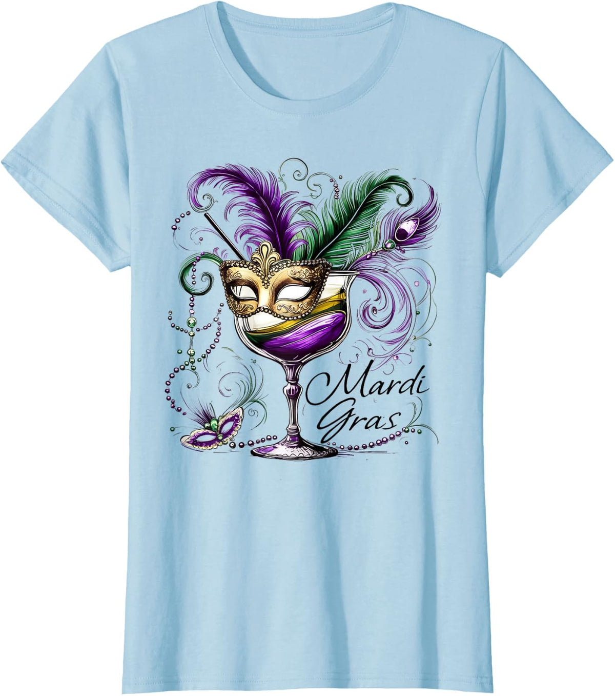 Mardi Gras Glass Of Wine Drinking Team Masked Wine Festival T-Shirt - Baby Blue