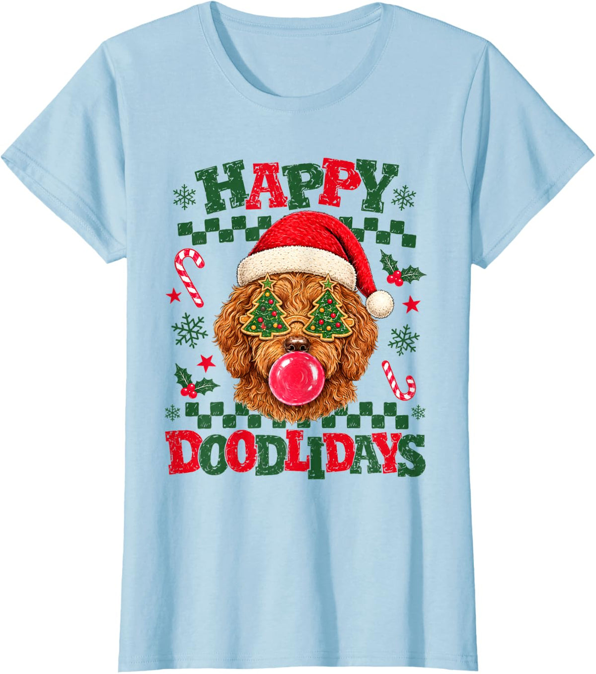 Christmas Goldendoodle Blowing Bubble Gum Happy Doodlidays T-Shirt - Baby Blue