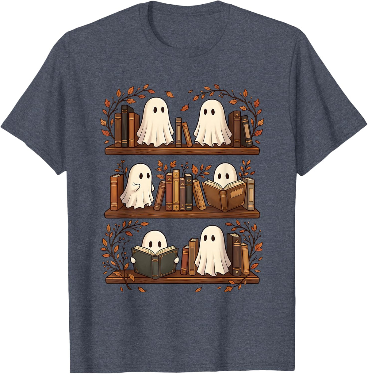 Halloween Ghost Reading Books Funny Spooky Bookish Lover T-Shirt - Heather Blue
