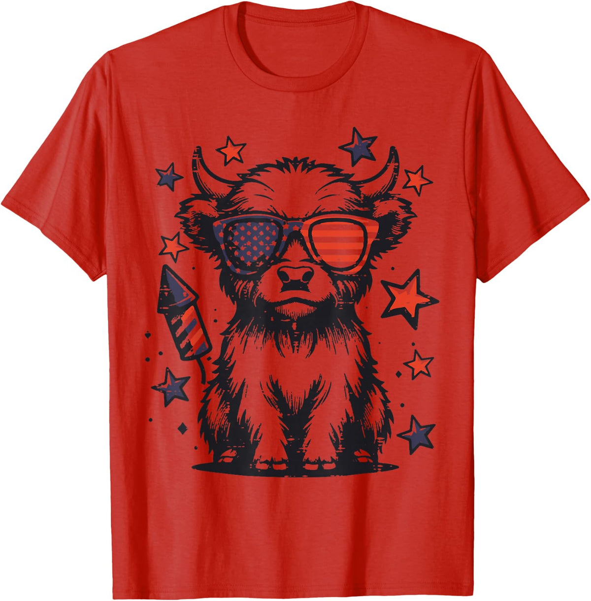 4th of July Highland Cow Cute American Farm Boys Girls Kids T-Shirt - Red