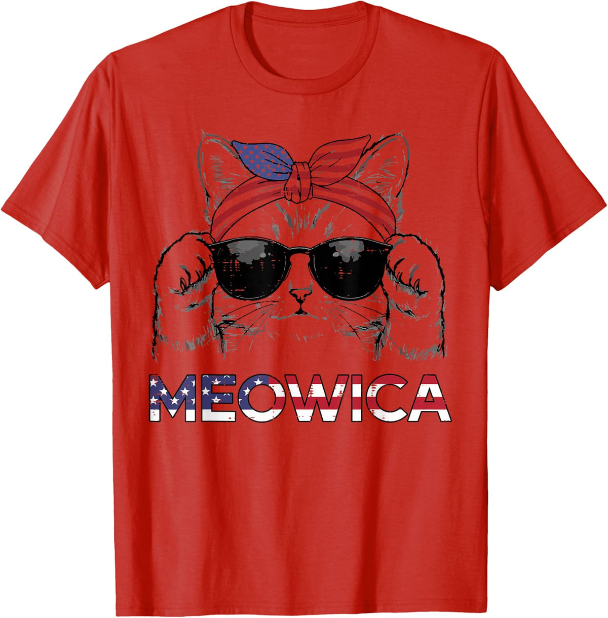 4th of July Cat Meowica USA Bandana Patriot Girls Kids Women T-Shirt - Red
