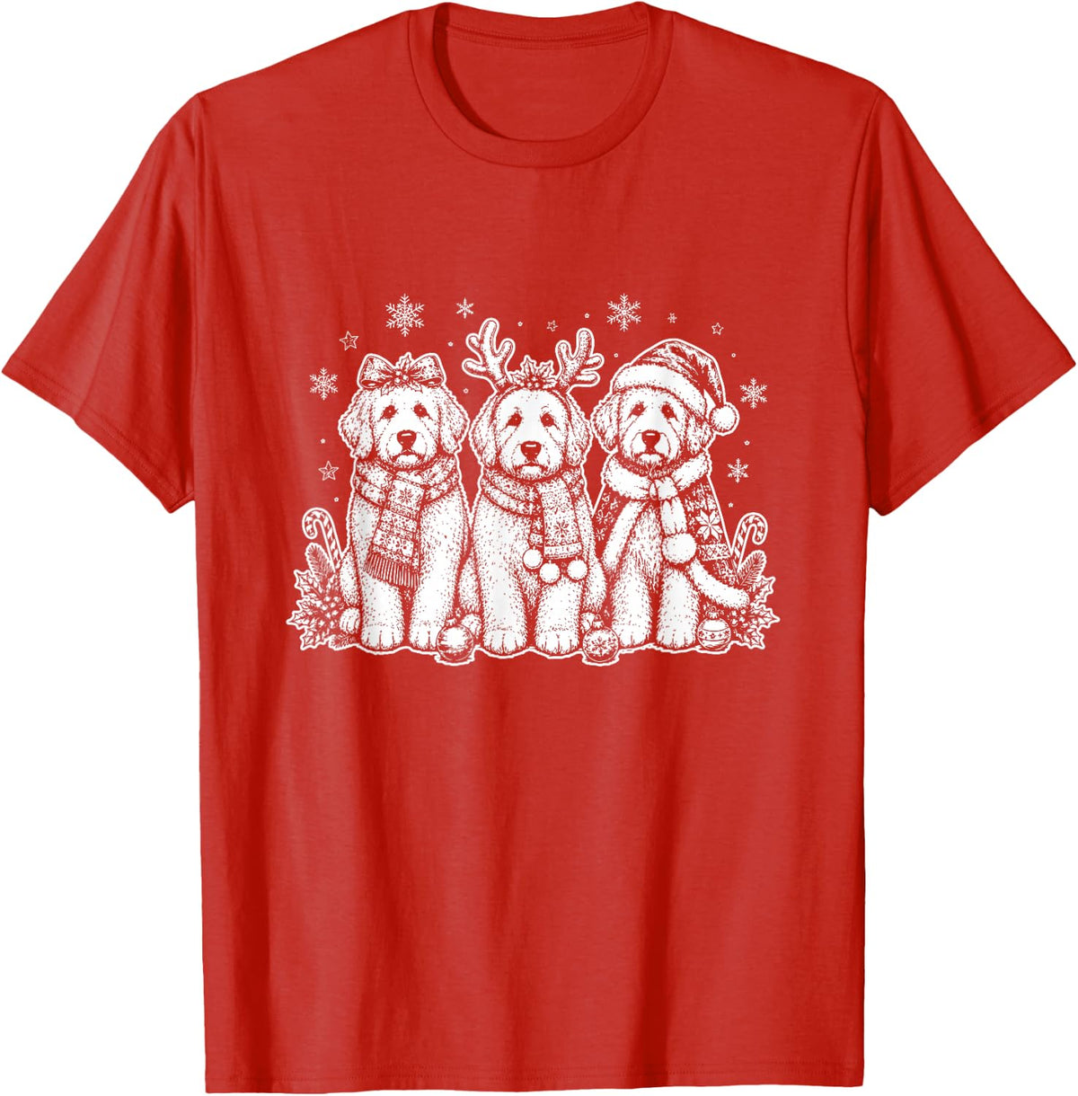 Goldendoodle Christmas Dogs Reindeer Santa Winter Holiday T-Shirt - Red