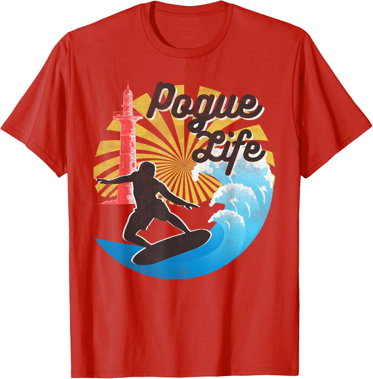Surfing Life Pogue Beach Van Light Houses Retro Distressed T-Shirt - Red