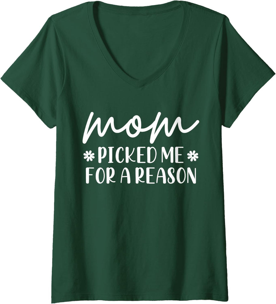 Women's Mom Picked Me for A Reason Godmother Godmom Godchild V-Neck T-Shirt - Dark Green