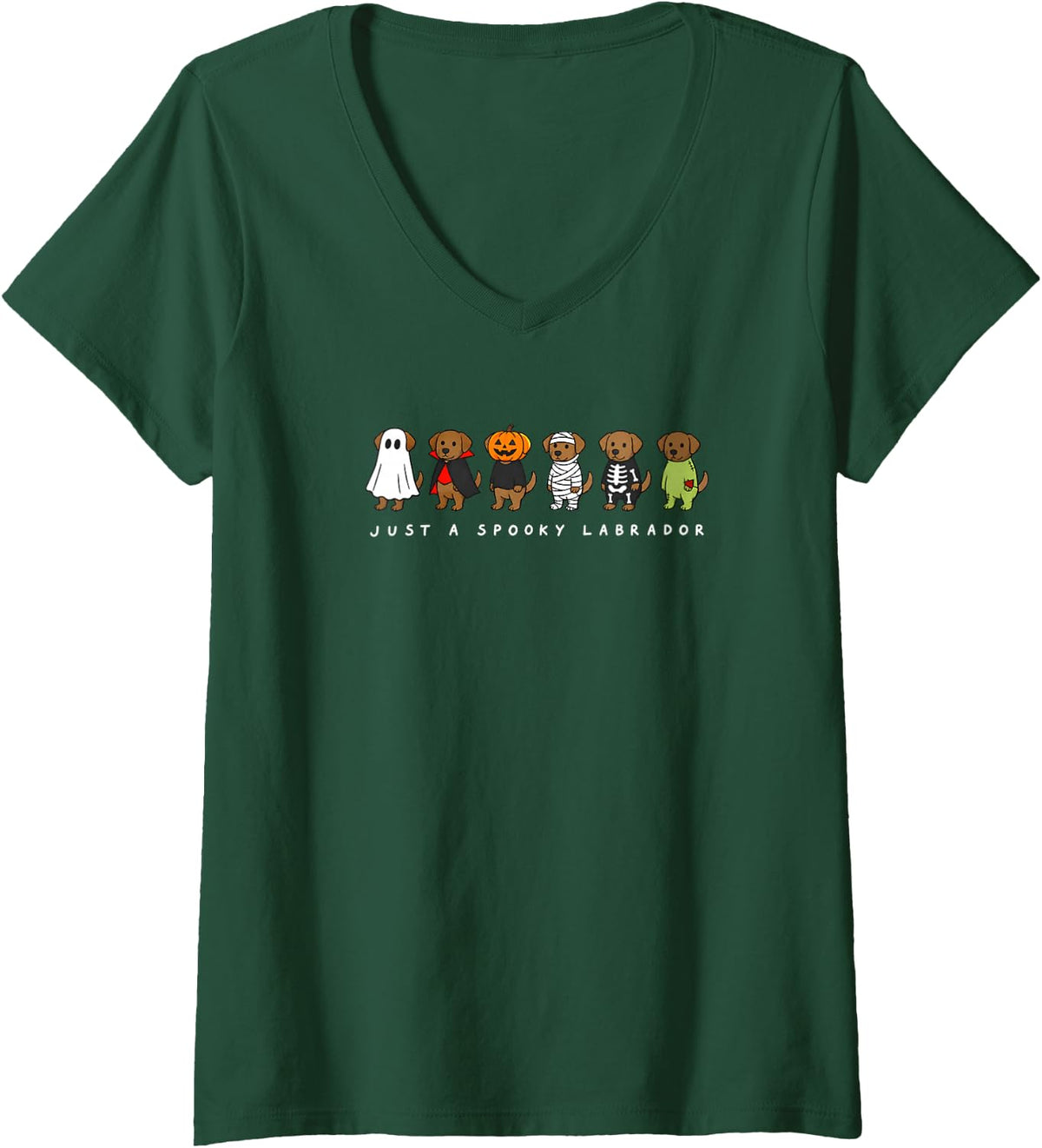 Women's Just A Spooky Labrador Lab Dog Lover Ghost Pumpkin Skeleton V-Neck T-Shirt - Dark Green