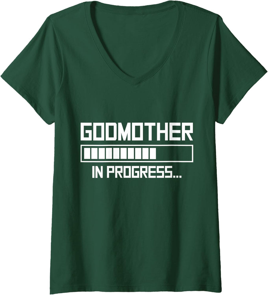 Women's Godmother in Progress Godchild Baptism Godparent V-Neck T-Shirt - Dark Green