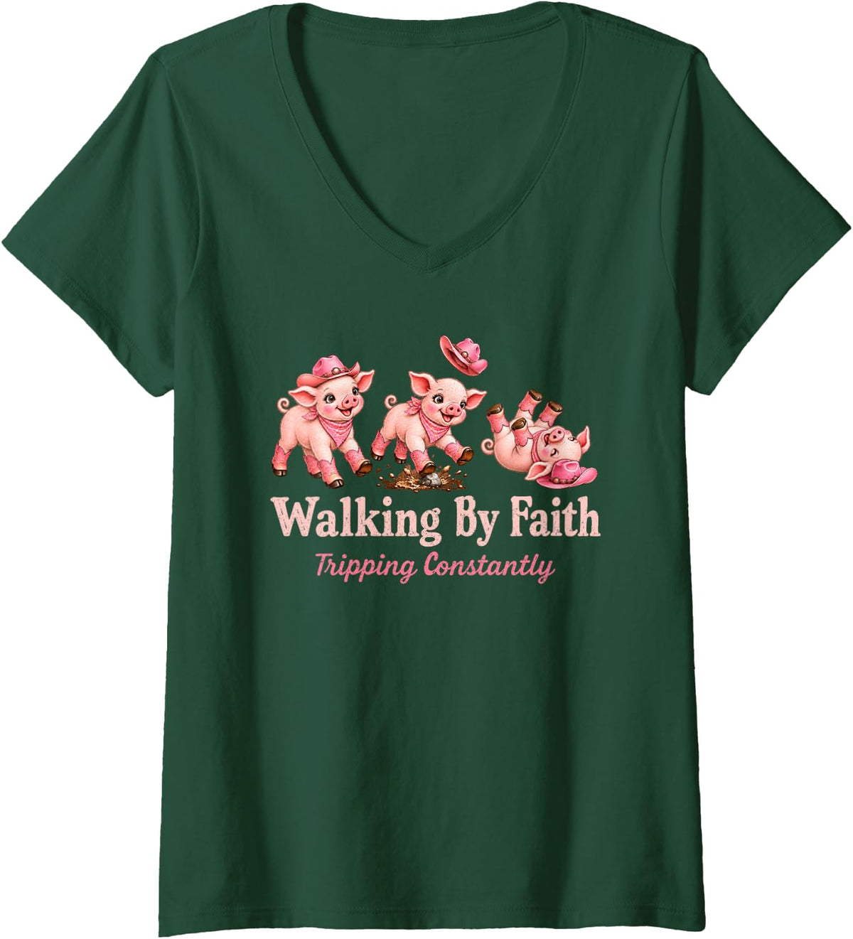 Women's Christian Pig Lover Walking By Faith Tripping Constantly V-Neck T-Shirt - Dark Green