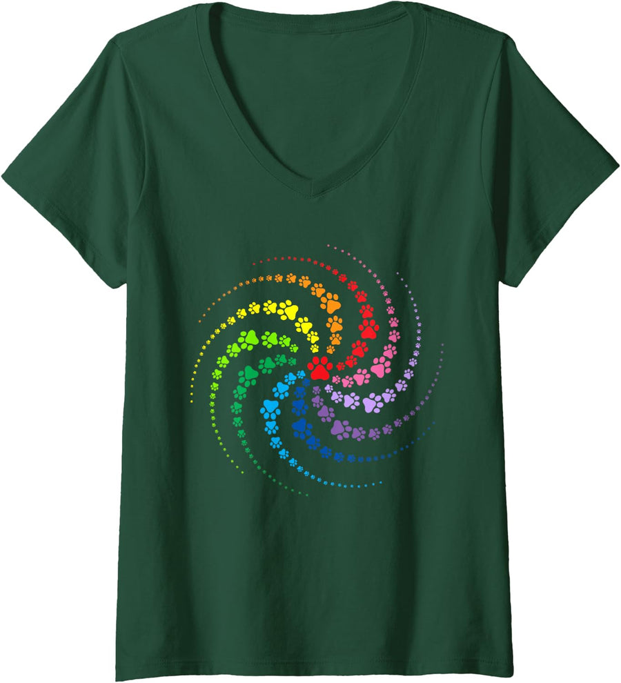 Womens Dog Lover Gift For Women - Colorful Paw Print V-Neck T-Shirt - Dark Green