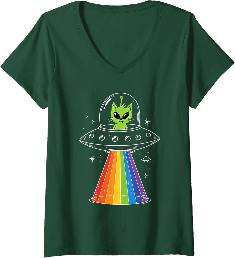 Women's Cute Alien Cat Spaceship UFO Rainbow Gay Pride LGBTQ Ally V-Neck T-Shirt - Dark Green