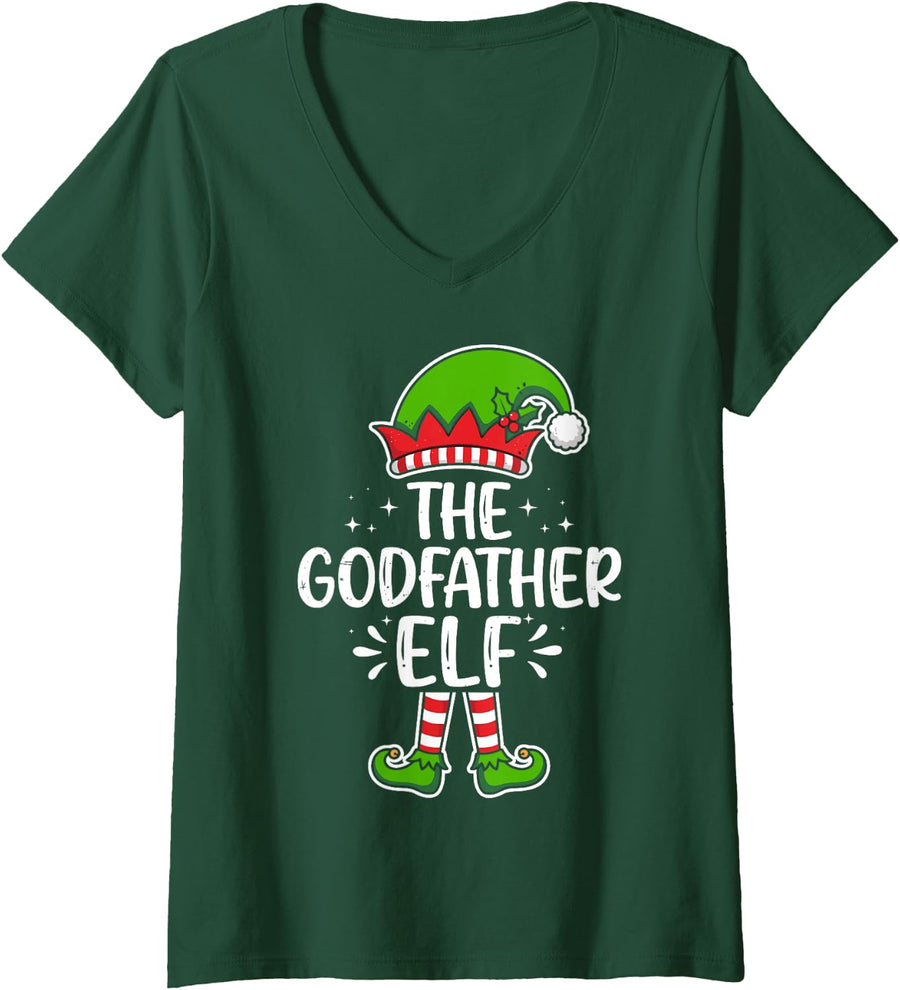 Women's I'm the Godfather Elf Last Minute Christmas Costume Family V-Neck T-Shirt - Dark Green