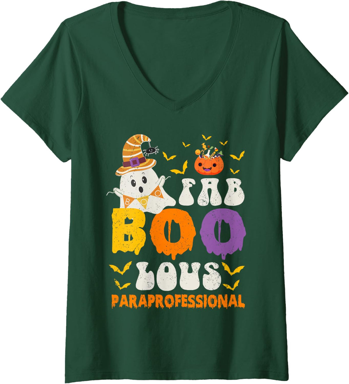 Women's Faboolous Paraprofessional Ghost Halloween Fun V-Neck T-Shirt - Dark Green