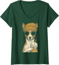 Women's Basenji Dog Drinking Iced Coffee Funny Hipster Round Glasses V-Neck T-Shirt - Dark Green