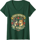 Women's Easily Distracted by Pitbulls V-Neck T-Shirt - Dark Green