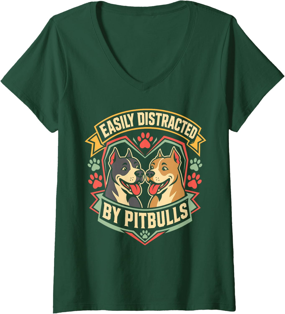 Women's Easily Distracted by Pitbulls V-Neck T-Shirt - Dark Green