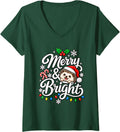 Women's Hedgehog Merry Bright Christmas Zoo Xmas Santa Hat V-Neck T-Shirt - Dark Green
