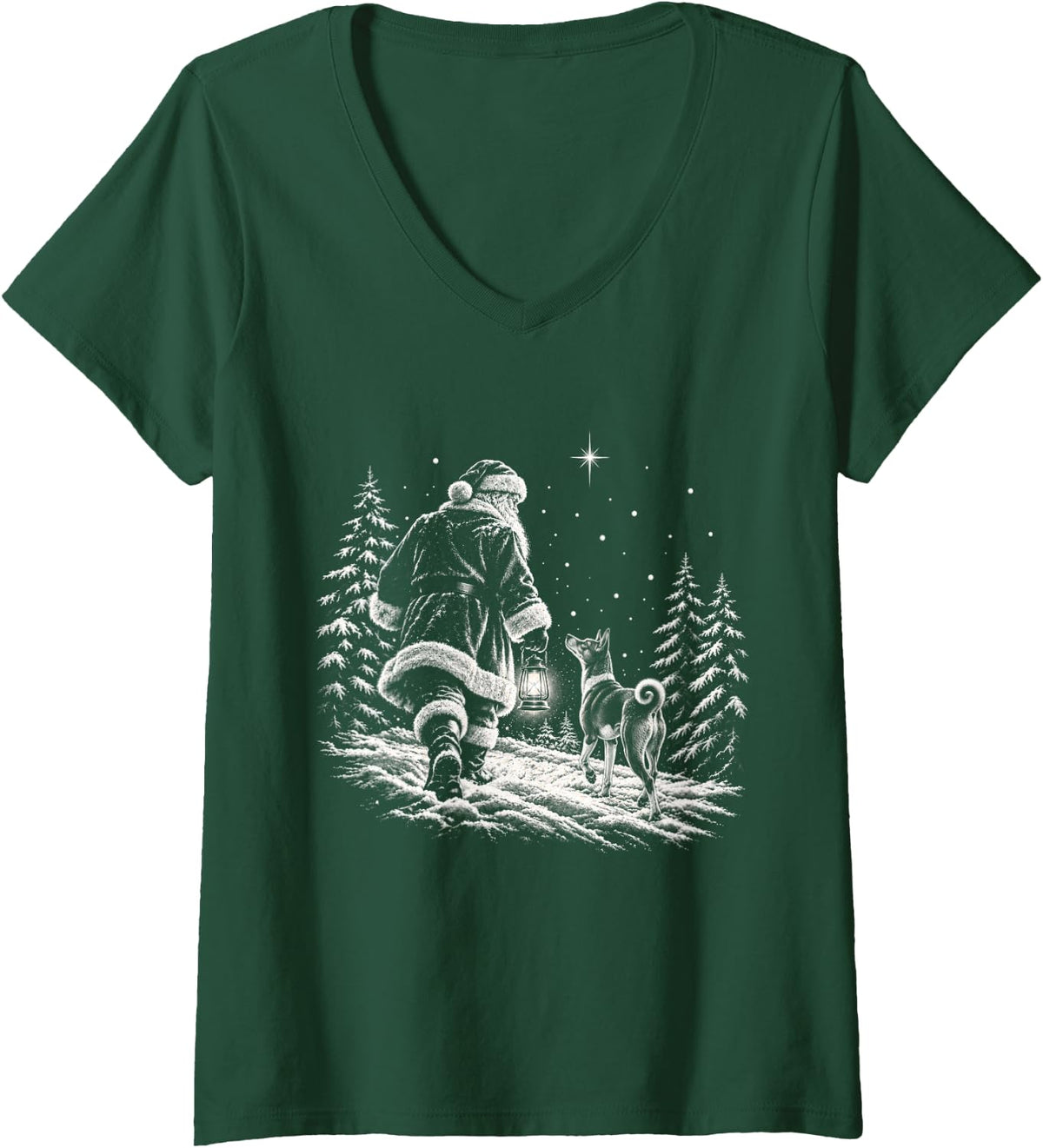 Women's Basenji Christmas Dog Walking with Santa Holiday Dog Lover V-Neck T-Shirt - Dark Green