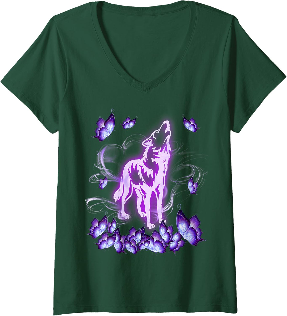 Womens Wolf magical purple butterfly wolf lover V-Neck T-Shirt - Dark Green