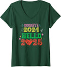 Women's Teacher Goodbye 2024 Hello 2025 Happy New Year Family Group V-Neck T-Shirt - Dark Green