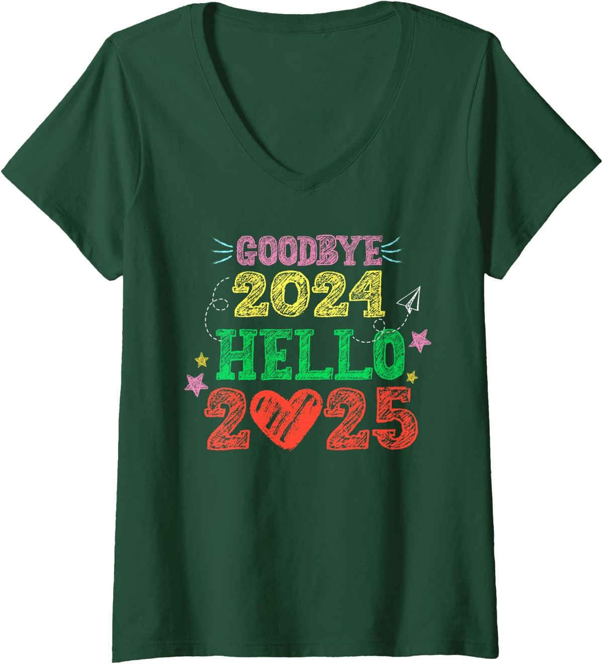 Women's Teacher Goodbye 2024 Hello 2025 Happy New Year Family Group V-Neck T-Shirt - Dark Green