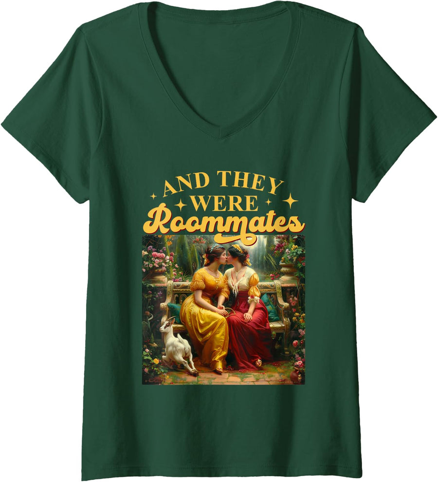 Women's Funny LGBTQ Lesbian Pride Meme and They were Roommates Queer V-Neck T-Shirt - Dark Green