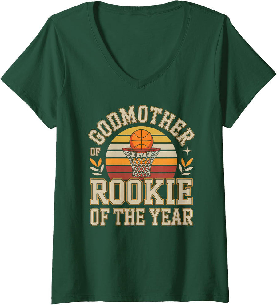 Women's Godmother of Rookie of The Year Basketball Family Sports Fan V-Neck T-Shirt - Dark Green