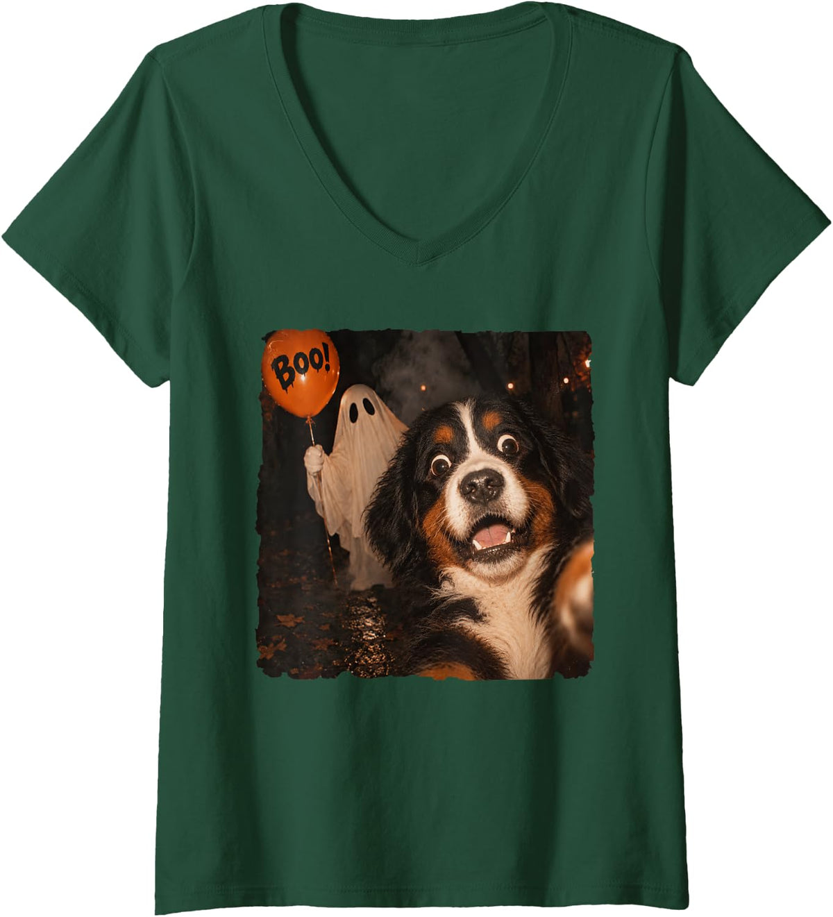Women's Ghost Bernese Mountain Dog Lover Selfie Balloon Halloween V-Neck T-Shirt - Dark Green