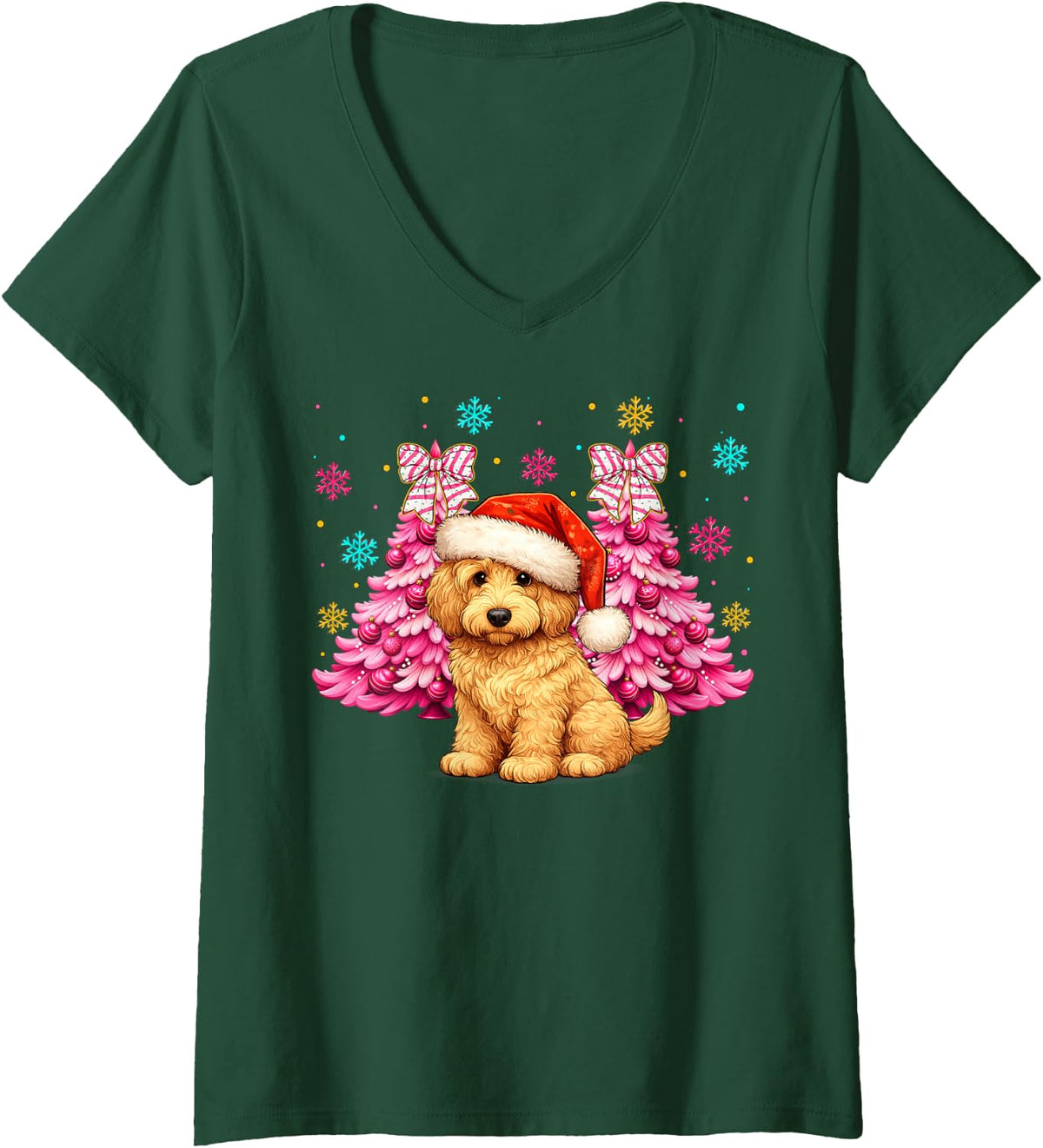 Women's Santa Hat Goldendoodle Christmas Puppy Dog Xmas Boys Girls V-Neck T-Shirt - Dark Green